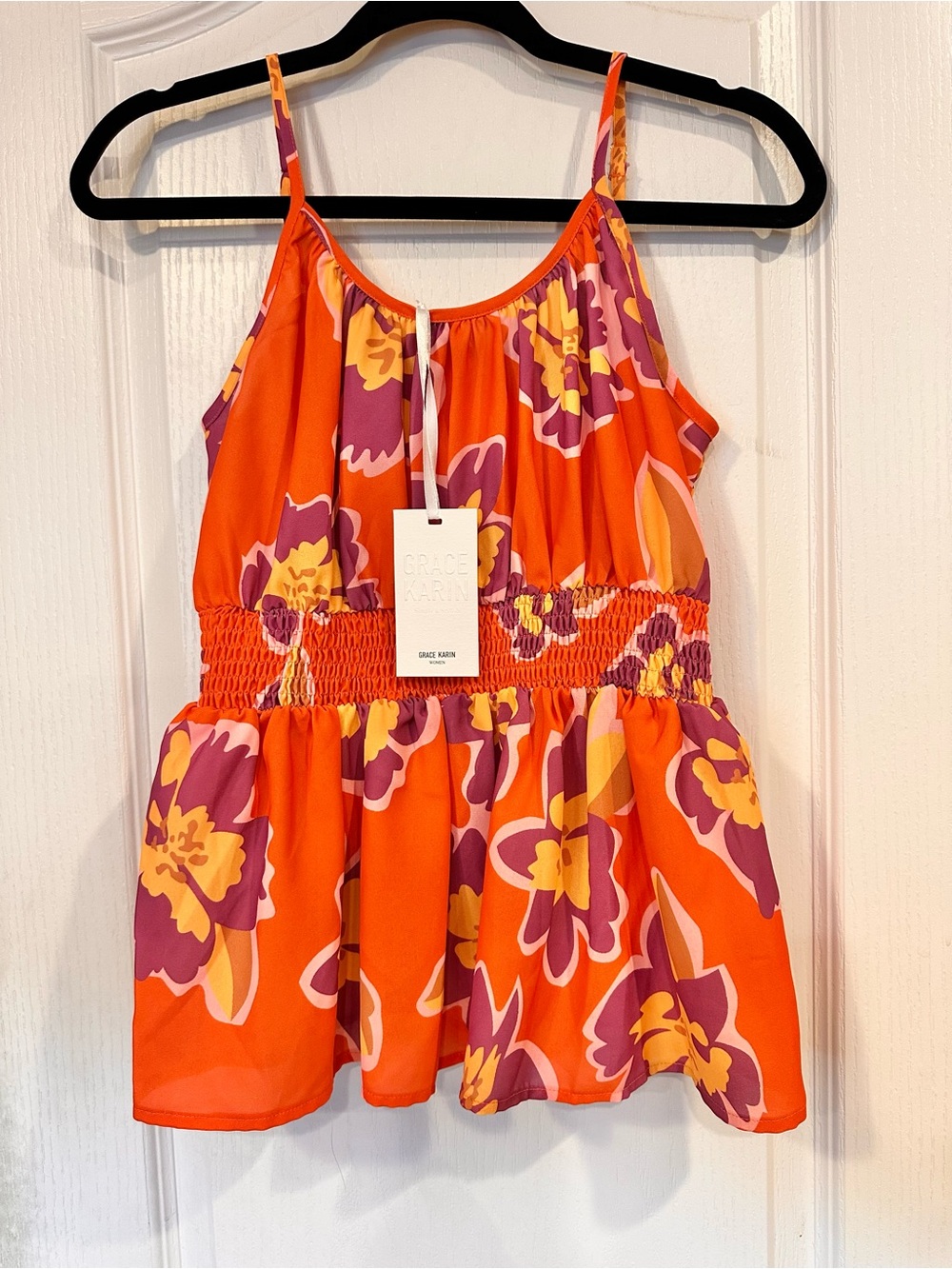 NWT GRACE KARIN Floral Smocked Waist Spaghetti Strap Top